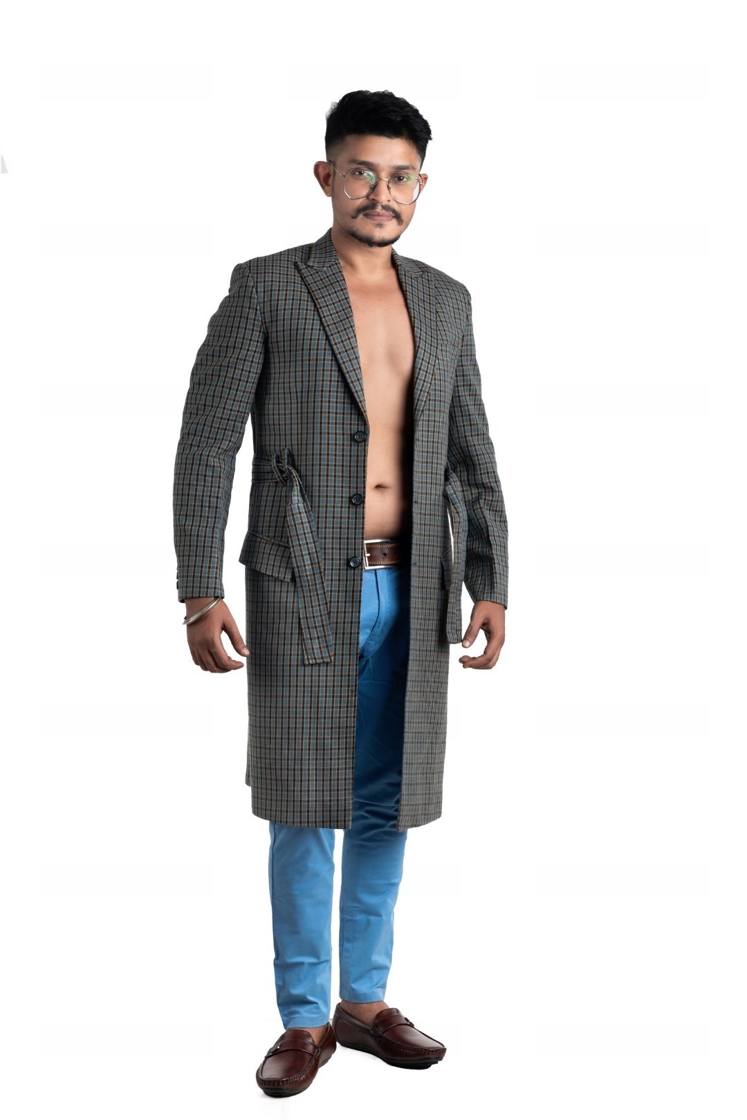 Srijan Fashion Designer Checked French Long Coat for Men