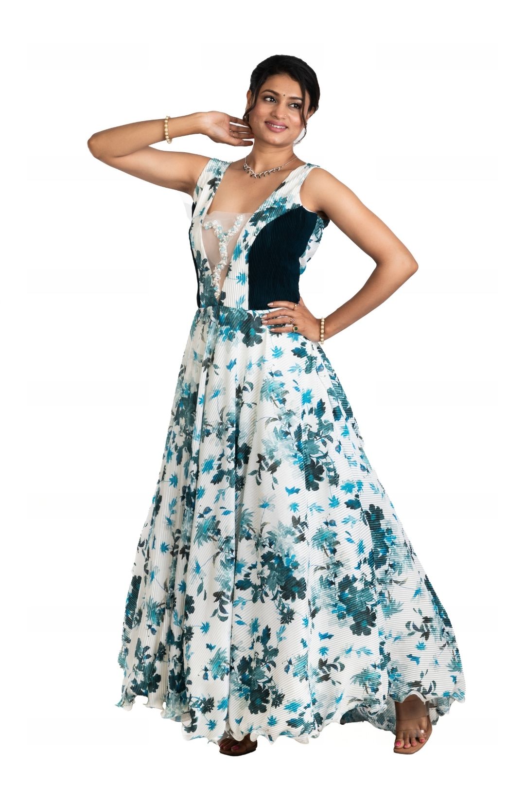 Srijan Fashion Floral Printed Silk Gown with Flow-Tail Design